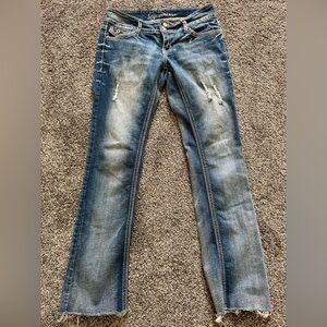 Ariya Distressed Bootcut Women Blue Jeans Raw Hem Size 3/4
